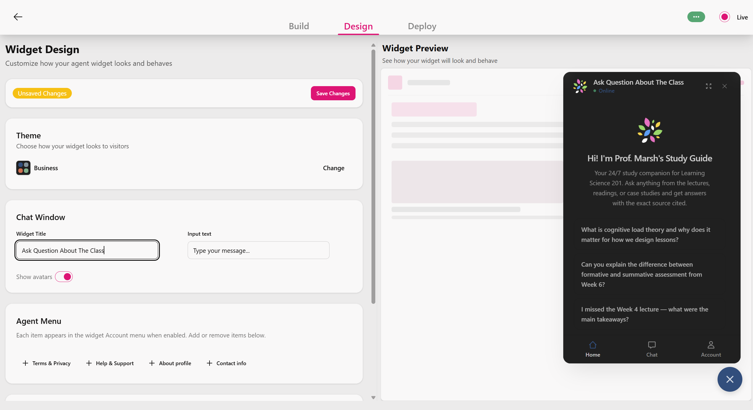 Design step — widget customisation